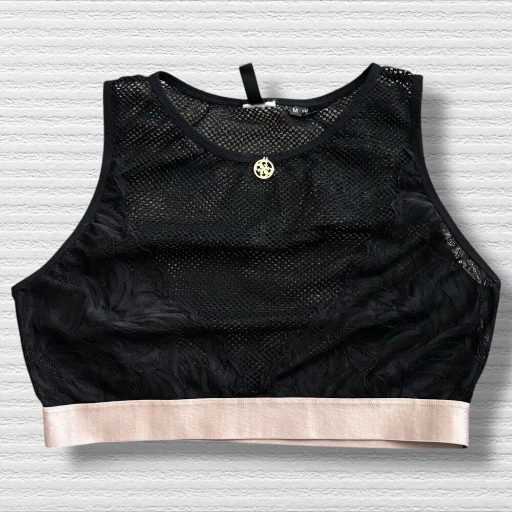 GUESS Black Lace Mesh Crop Top M Bralette Sheer Coquette Goth Y2K Clubwear 90s